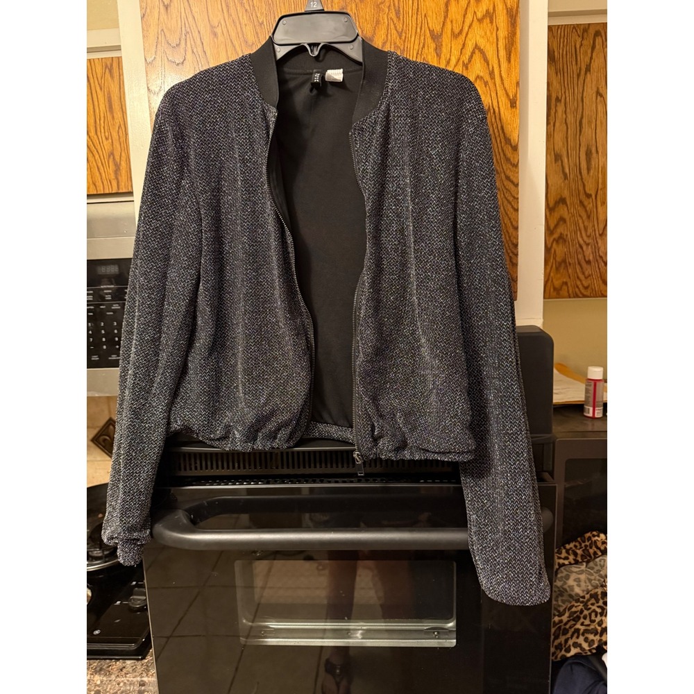 H&M Divided‎ Womens Black Sparkle Glitter Bomber Jacket Zipper Front Size 6